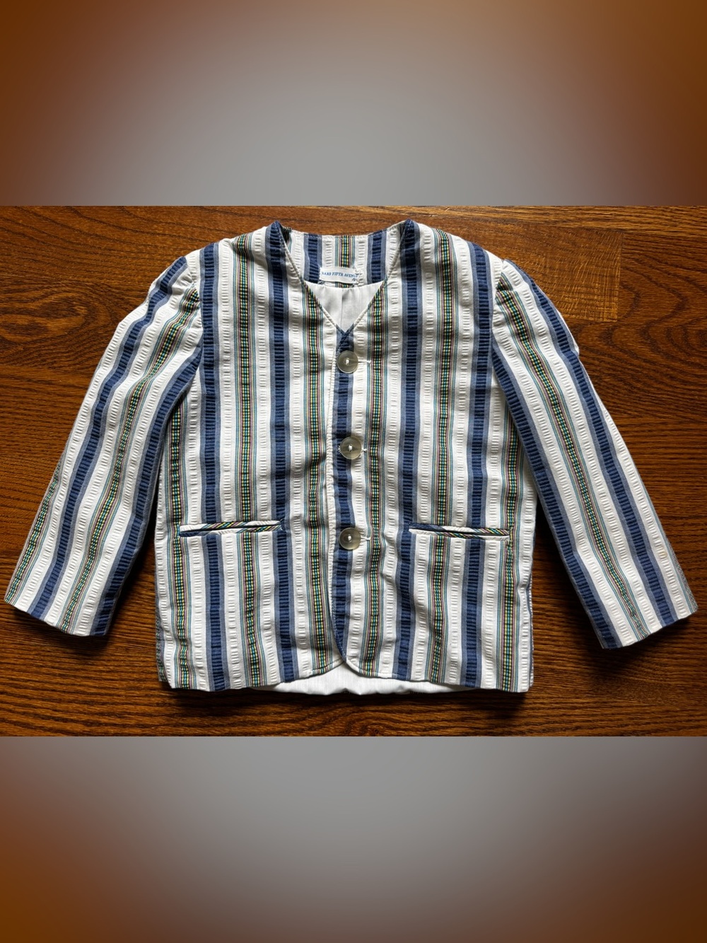 Saks Fifth Avenue Kids Size 4 Striped Seersucker Blazer Jacket Blue White